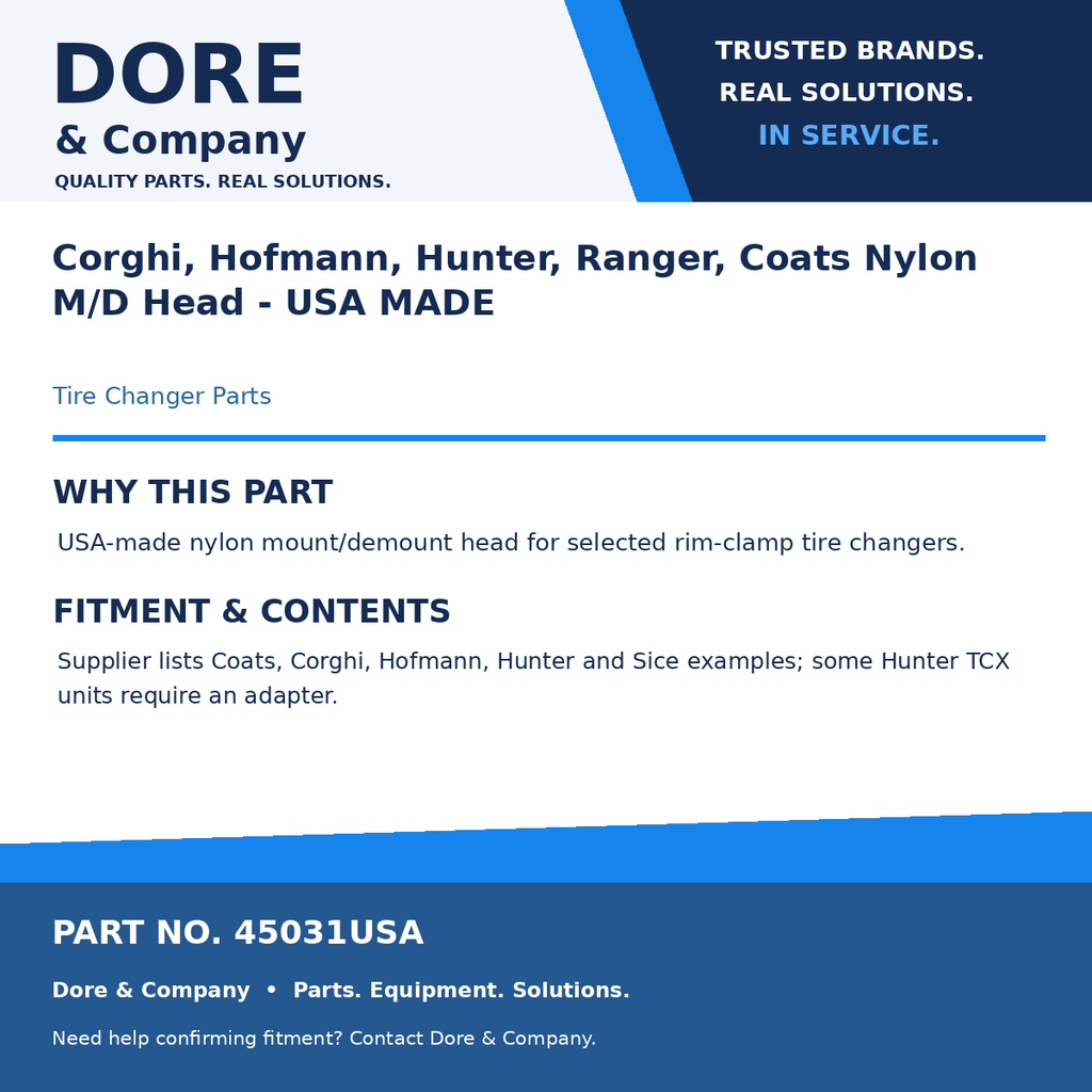 Dore & Company benefits and fitment card for 45031USA