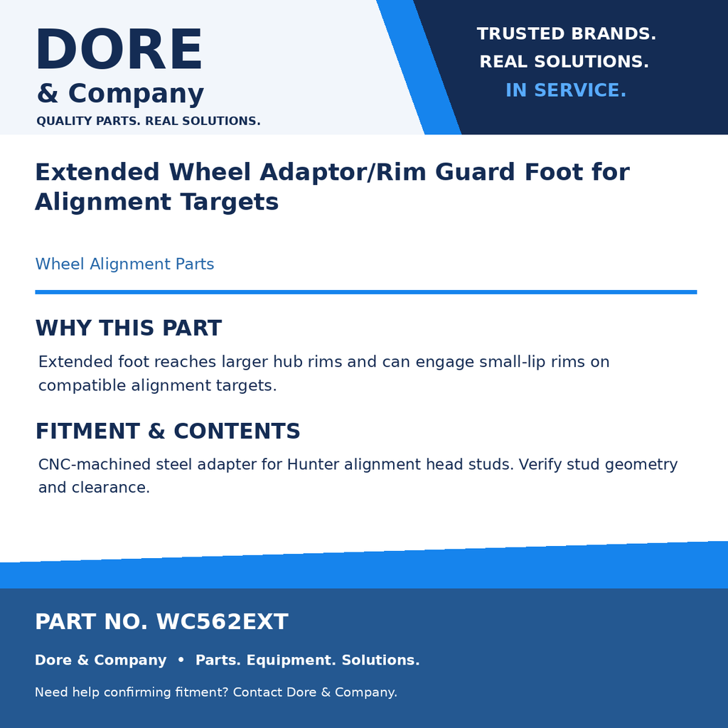 Dore & Company benefits and fitment card for WC562EXT